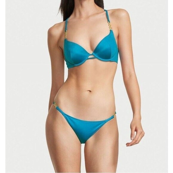 Victoria’s Secret Blue Push Up Bikini Set 34C Top & Medium Bottom Gold Accent - Picture 1 of 7